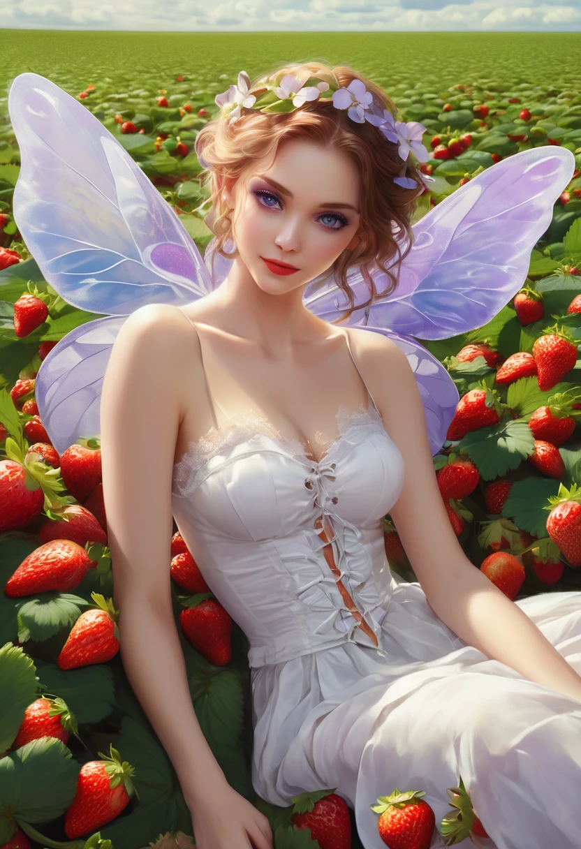 a portrait of a female fairy resting dans un (champ de fraises: 1.3) fée extrêmement belle, ((tout le corps: 1.5)), ((Anatomiquement correct: 1.5)), (ultra détaillé face: 1.2),ultra féminin, gros seins, meilleur visage détaillé, couleur de cheveux dynamique, coiffure dynamique teint de peau dynamique, sourire timide, sourire innocent, yeux bleus, lèvres rouge foncé, Résistant ((blanc: 1.5)) Robe en dentelle, robe élégante, robe de fée, corset, chemise élégante et dynamique, chocs, Résistant high heels, ailes de papillon déployées, (blanc and purple eyes: 1.3)dans un (champ de fraises : 1.3), champ de fraises background, vibrant, Ultra haute résolution, Contraste élevé, (chef-d&#39;œuvre:1.5), la plus haute qualité, Meilleure esthétique), meilleurs détails, Meilleure qualité, haute résolution, 16k, (ultra détaillé: 1.5), chef-d&#39;œuvre, Meilleure qualité, (extrêmement détaillé) BRUT, (ultra détails, chef-d&#39;œuvre, Meilleure qualité), Style hyperréaliste,DonMF41ryW1ng5XL