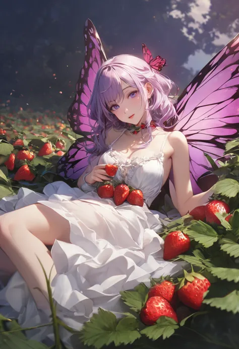 a portrait of a female fairy resting in a (field of strawberries: 1.3) extremely beautiful fairy, ((full body: 1.5)), ((anatomic...