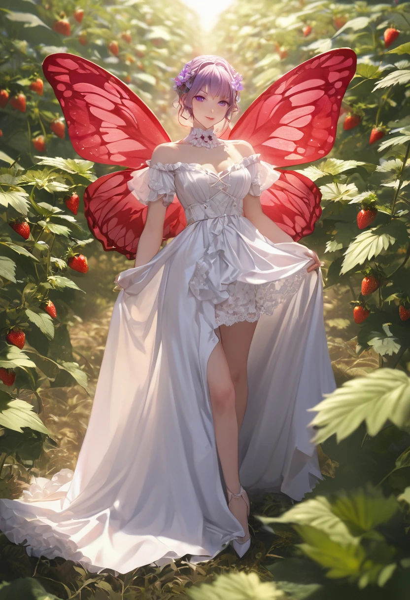 a portrait of a female fairy resting dans un (champ de fraises: 1.3) fée extrêmement belle, ((tout le corps: 1.5)), ((Anatomiquement correct: 1.5)), (ultra détaillé face: 1.2),ultra féminin, gros seins, meilleur visage détaillé, couleur de cheveux dynamique, coiffure dynamique teint de peau dynamique, sourire timide, sourire innocent, yeux bleus, lèvres rouge foncé, Résistant ((blanc: 1.5)) Robe en dentelle, robe élégante, robe de fée, corset, chemise élégante et dynamique, chocs, Résistant high heels, ailes de papillon déployées, (blanc and purple eyes: 1.3)dans un (champ de fraises : 1.3), champ de fraises background, vibrant, Ultra haute résolution, Contraste élevé, (chef-d&#39;œuvre:1.5), la plus haute qualité, Meilleure esthétique), meilleurs détails, Meilleure qualité, haute résolution, 16k, (ultra détaillé: 1.5), chef-d&#39;œuvre, Meilleure qualité, (extrêmement détaillé) BRUT, (ultra détails, chef-d&#39;œuvre, Meilleure qualité), Style hyperréaliste,DonMF41ryW1ng5XL