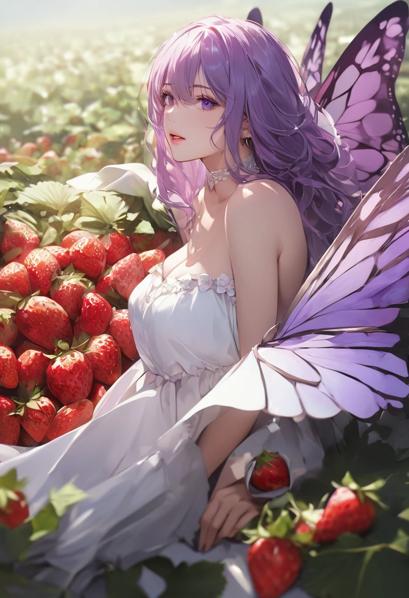 a portrait of a female fairy resting in a (field of strawberries: 1.3) extremely beautiful fairy, ((full body: 1.5)), ((anatomically correct: 1.5)), (ultra detailed face: 1.2),ultra feminine, busty, best detailed face, dynamic hair color, dynamic hair style dynamic skin complexion, shy smile, innocent smile, blue eyes, dark red lips, wearing ((white: 1.5)) lace dress, elegant dress, fairy dress, corset, dynamic elegant shirt, chocker, wearing high heels, spread large butterfly wings, (white and purple eyes: 1.3)in a (field of strawberries : 1.3), field of strawberries background, vibrant, Ultra-high resolution, High Contrast, (masterpiece:1.5), highest quality, Best aesthetics), best details, best quality, highres, 16k, (ultra detailed: 1.5), masterpiece, best quality, (extremely detailed) RAW, (ultra details, Masterpiece, best quality), Hyperrealism style,DonMF41ryW1ng5XL