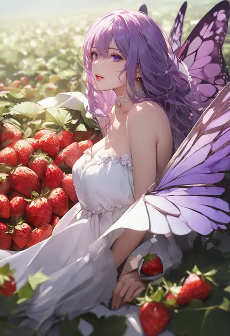 a portrait of a female fairy resting in a (field of strawberries: 1.3) extremely beautiful fairy, ((full body: 1.5)), ((anatomic...
