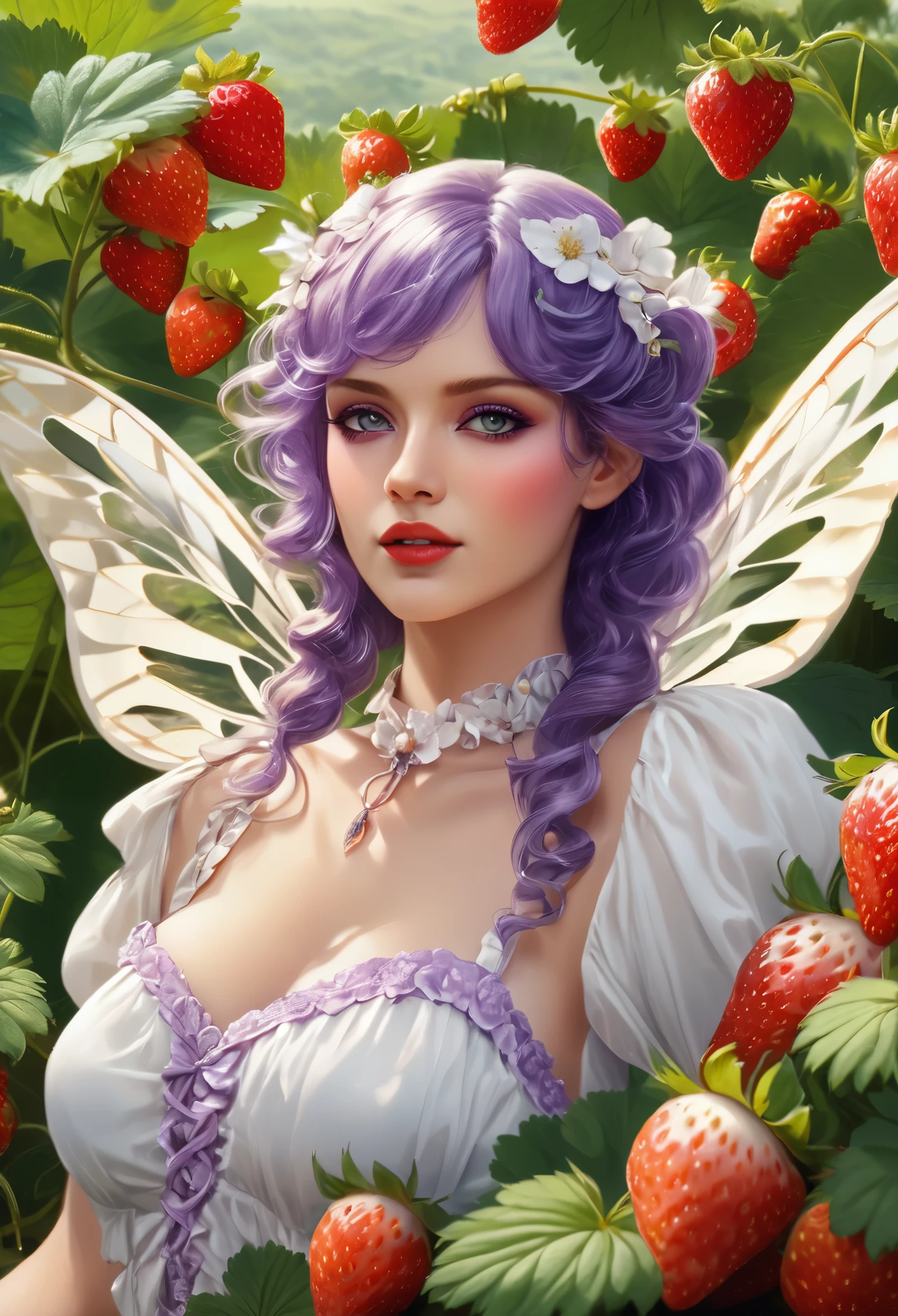 a portrait of a female fairy resting in a (field of strawberries: 1.3) extremely beautiful fairy, ((full body: 1.5)), ((anatomically correct: 1.5)), (ultra detailed face: 1.2),ultra feminine, busty, best detailed face, dynamic hair color, dynamic hair style dynamic skin complexion, shy smile, innocent smile, blue eyes, dark red lips, wearing ((white: 1.5)) lace dress, elegant dress, fairy dress, corset, dynamic elegant shirt, chocker, wearing high heels, spread large butterfly wings, (white and purple eyes: 1.3)in a (field of strawberries : 1.3), field of strawberries background, vibrant, Ultra-high resolution, High Contrast, (masterpiece:1.5), highest quality, Best aesthetics), best details, best quality, highres, 16k, (ultra detailed: 1.5), masterpiece, best quality, (extremely detailed) RAW, (ultra details, Masterpiece, best quality), Hyperrealism style,DonMF41ryW1ng5XL