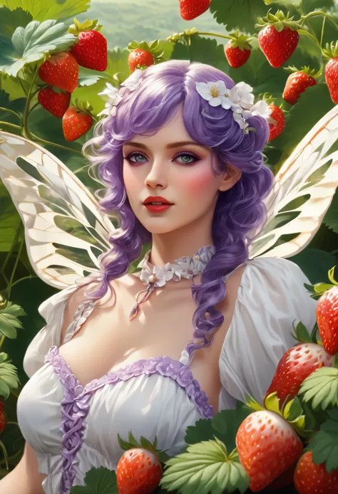 a portrait of a female fairy resting in a (field of strawberries: 1.3) extremely beautiful fairy, ((full body: 1.5)), ((anatomic...