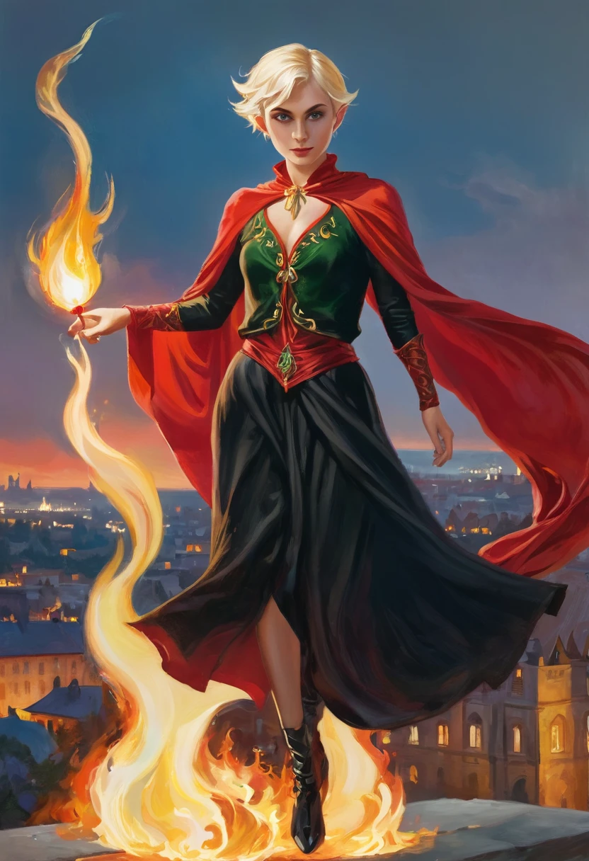 1 magician woman, expressive black eyes, elf ear, blonde short hair, dressed with a red drape, using his fire magic ,dancing pose, full length portrait , big medieval city in sunset in background in background, detail richness, masterpiece, best quality