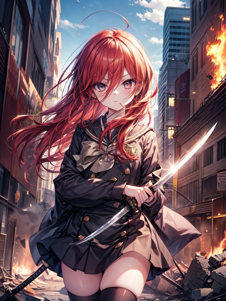 shana, redhead, red eyes, long hair,Ahoge Misaki High School uniform,black rider suit,Misaki High School Skirt,black knee high socks,brown loafers,In his left hand he holds a Japanese sword wrapped in flames.,city of rubble,Explosive flame,(masterpiece:1.2), highest quality, High resolution, unity 8k wallpaper, (shape:0.8), (beautiful and detailed eyes:1.6), highly detailed face, perfect lighting, Very detailed CG, (perfect hands, perfect anatomy), ชุดรัดรูป, กางเกงในสีขาว, camel toe,