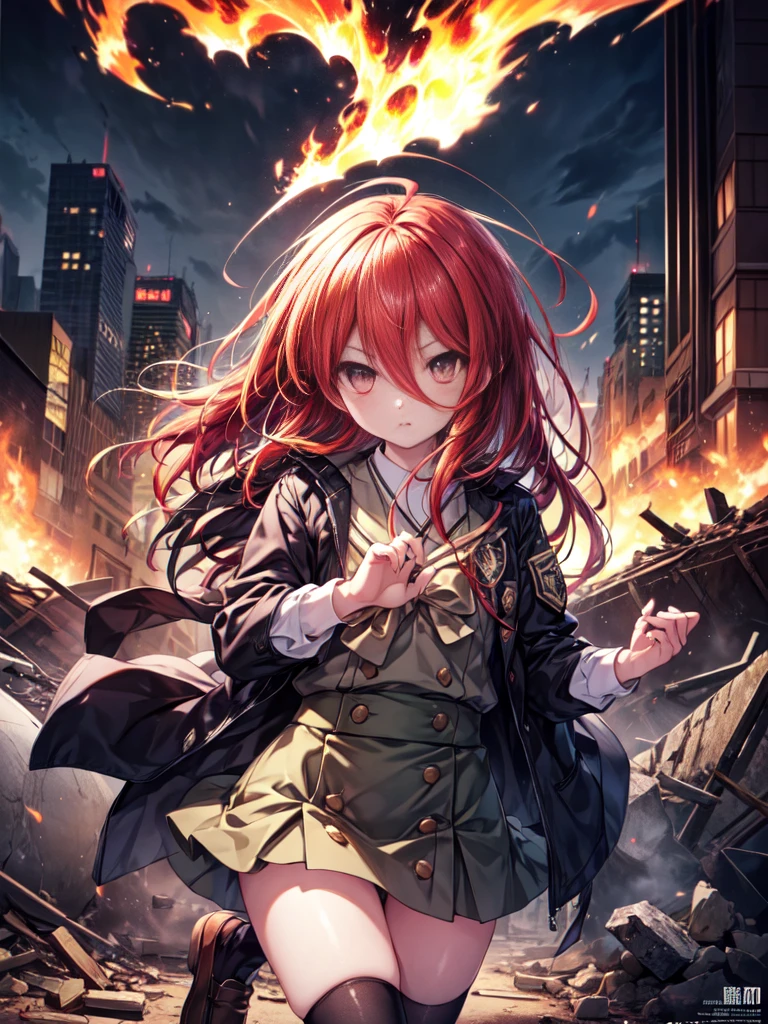 shana, redhead, red eyes, long hair,Ahoge Misaki High School uniform,black rider suit,Misaki High School Skirt,black knee high socks,brown loafers,In his left hand he holds a Japanese sword wrapped in flames.,city of rubble,Explosive flame,(masterpiece:1.2), highest quality, High resolution, unity 8k wallpaper, (shape:0.8), (beautiful and detailed eyes:1.6), highly detailed face, perfect lighting, Very detailed CG, (perfect hands, perfect anatomy), ชุดรัดรูป, กางเกงในสีขาว, camel toe,