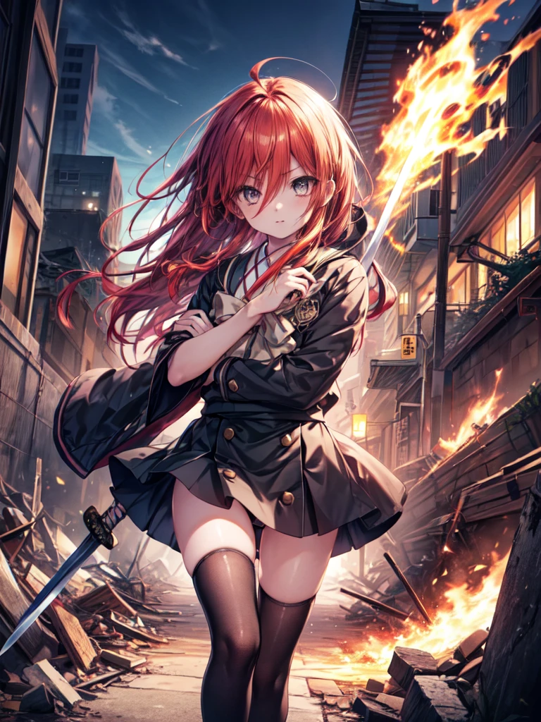 shana, redhead, red eyes, long hair,Ahoge Misaki High School uniform,black rider suit,Misaki High School Skirt,black knee high socks,brown loafers,In his left hand he holds a Japanese sword wrapped in flames.,city of rubble,Explosive flame,(masterpiece:1.2), highest quality, High resolution, unity 8k wallpaper, (shape:0.8), (beautiful and detailed eyes:1.6), highly detailed face, perfect lighting, Very detailed CG, (perfect hands, perfect anatomy), ชุดรัดรูป, กางเกงในสีขาว, camel toe,