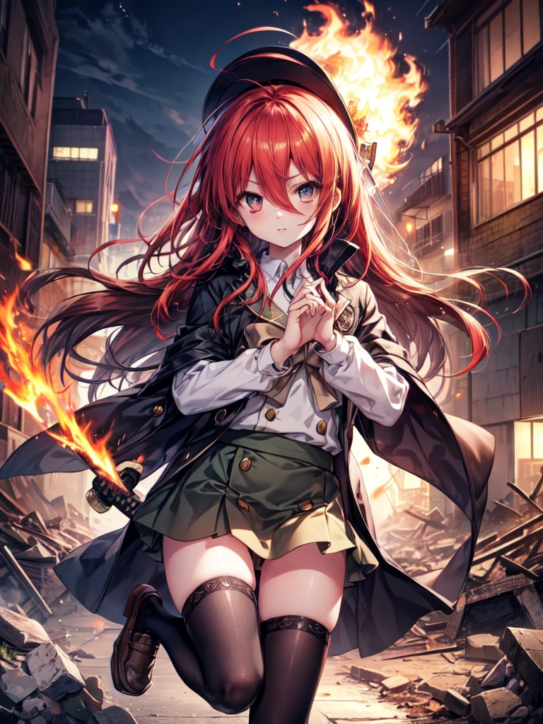 shana, redhead, red eyes, long hair,Ahoge Misaki High School uniform,black rider suit,Misaki High School Skirt,black knee high socks,brown loafers,In his left hand he holds a Japanese sword wrapped in flames.,city of rubble,Explosive flame,(masterpiece:1.2), highest quality, High resolution, unity 8k wallpaper, (shape:0.8), (beautiful and detailed eyes:1.6), highly detailed face, perfect lighting, Very detailed CG, (perfect hands, perfect anatomy), ชุดรัดรูป, กางเกงในสีขาว, camel toe,