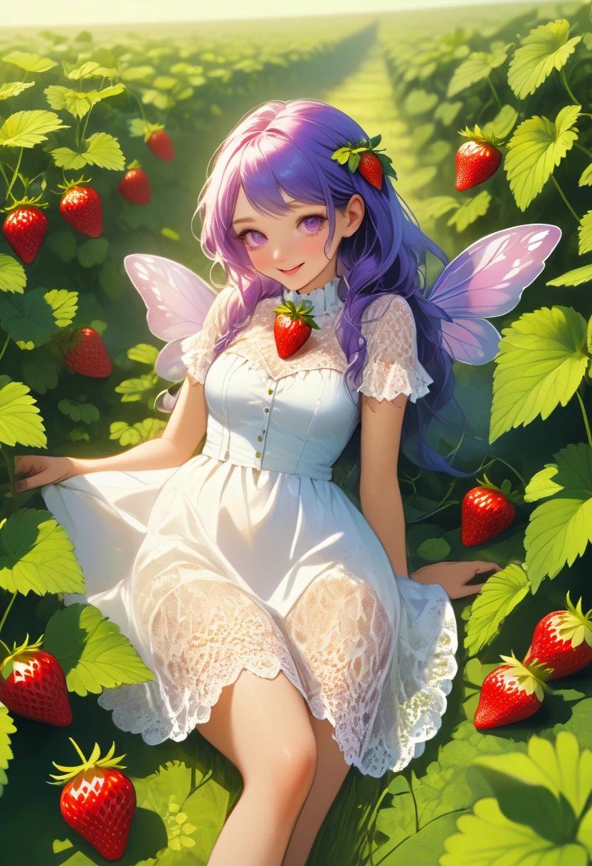 a portrait of a female fairy resting in a (field of strawberries: 1.3) extremely beautiful fairy, ((full body: 1.5)), ((anatomically correct: 1.5)), (ultra detailed face: 1.2),ultra feminine, busty, best detailed face, dynamic hair color, dynamic hair style dynamic skin complexion, shy smile, innocent smile, blue eyes, dark red lips, wearing ((white: 1.5)) lace dress, elegant dress, fairy dress, corset, dynamic elegant shirt, chocker, wearing high heels, spread large butterfly wings, (white and purple eyes: 1.3)in a (field of strawberries : 1.3), field of strawberries background, vibrant, Ultra-high resolution, High Contrast, (masterpiece:1.5), highest quality, Best aesthetics), best details, best quality, highres, 16k, (ultra detailed: 1.5), masterpiece, best quality, (extremely detailed) RAW, (ultra details, Masterpiece, best quality), Hyperrealism style,DonMF41ryW1ng5XL