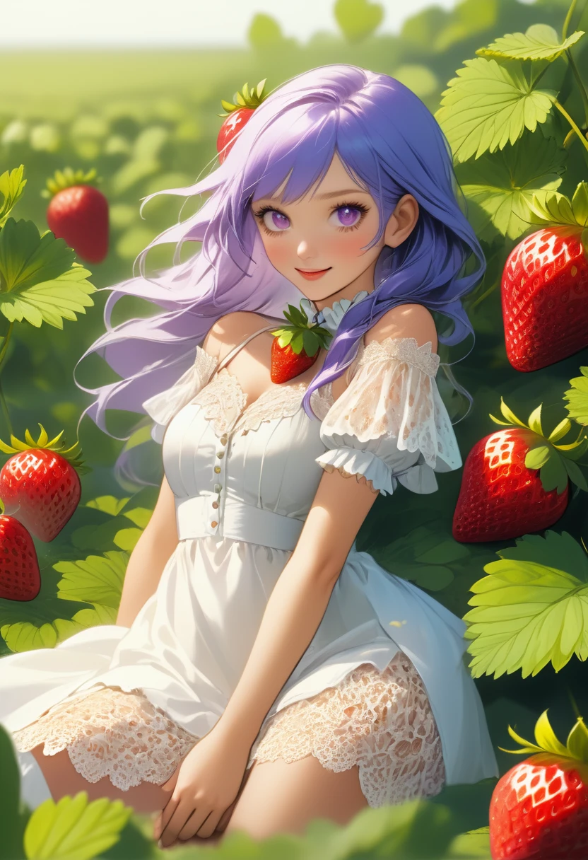 a portrait of a female fairy resting in a (field of strawberries: 1.3) extremely beautiful fairy, ((full body: 1.5)), ((anatomically correct: 1.5)), (ultra detailed face: 1.2),ultra feminine, busty, best detailed face, dynamic hair color, dynamic hair style dynamic skin complexion, shy smile, innocent smile, blue eyes, dark red lips, wearing ((white: 1.5)) lace dress, elegant dress, fairy dress, corset, dynamic elegant shirt, chocker, wearing high heels, spread large butterfly wings, (white and purple eyes: 1.3)in a (field of strawberries : 1.3), field of strawberries background, vibrant, Ultra-high resolution, High Contrast, (masterpiece:1.5), highest quality, Best aesthetics), best details, best quality, highres, 16k, (ultra detailed: 1.5), masterpiece, best quality, (extremely detailed) RAW, (ultra details, Masterpiece, best quality), Hyperrealism style,DonMF41ryW1ng5XL