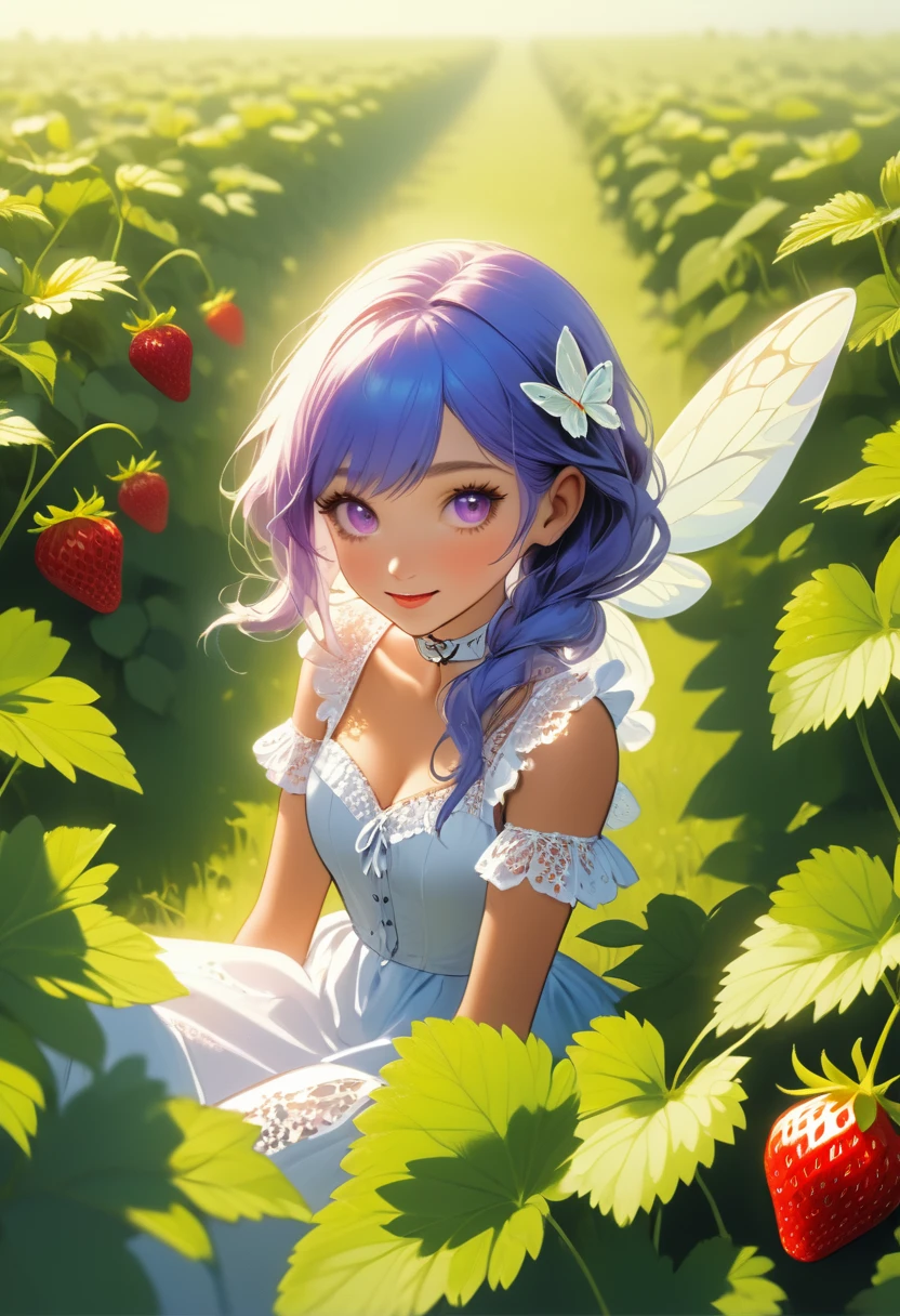 a portrait of a female fairy resting in a (field of strawberries: 1.3) extremely beautiful fairy, ((full body: 1.5)), ((anatomically correct: 1.5)), (ultra detailed face: 1.2),ultra feminine, busty, best detailed face, dynamic hair color, dynamic hair style dynamic skin complexion, shy smile, innocent smile, blue eyes, dark red lips, wearing ((white: 1.5)) lace dress, elegant dress, fairy dress, corset, dynamic elegant shirt, chocker, wearing high heels, spread large butterfly wings, (white and purple eyes: 1.3)in a (field of strawberries : 1.3), field of strawberries background, vibrant, Ultra-high resolution, High Contrast, (masterpiece:1.5), highest quality, Best aesthetics), best details, best quality, highres, 16k, (ultra detailed: 1.5), masterpiece, best quality, (extremely detailed) RAW, (ultra details, Masterpiece, best quality), Hyperrealism style,DonMF41ryW1ng5XL