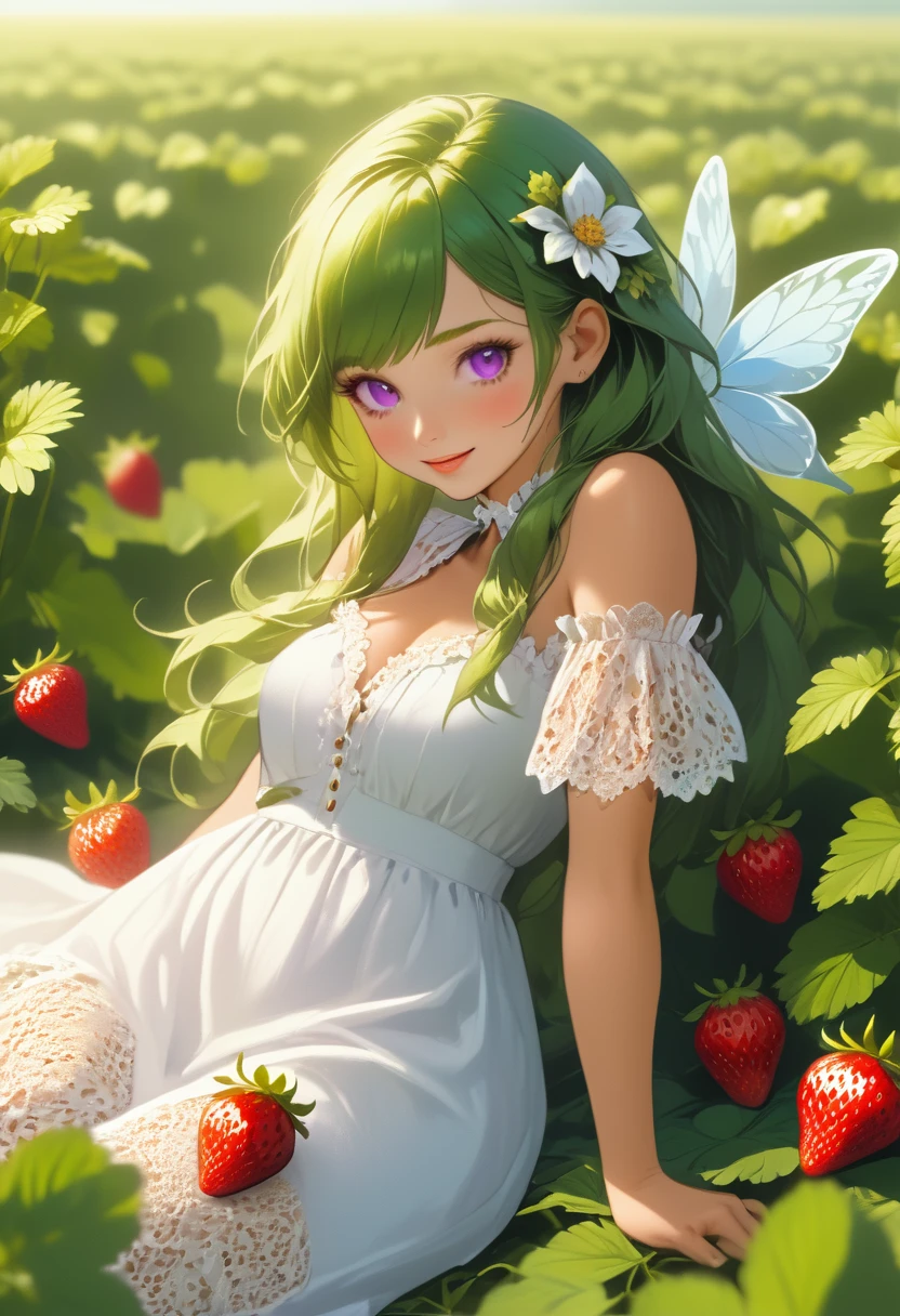 a portrait of a female fairy resting in a (field of strawberries: 1.3) extremely beautiful fairy, ((full body: 1.5)), ((anatomically correct: 1.5)), (ultra detailed face: 1.2),ultra feminine, busty, best detailed face, dynamic hair color, dynamic hair style dynamic skin complexion, shy smile, innocent smile, blue eyes, dark red lips, wearing ((white: 1.5)) lace dress, elegant dress, fairy dress, corset, dynamic elegant shirt, chocker, wearing high heels, spread large butterfly wings, (white and purple eyes: 1.3)in a (field of strawberries : 1.3), field of strawberries background, vibrant, Ultra-high resolution, High Contrast, (masterpiece:1.5), highest quality, Best aesthetics), best details, best quality, highres, 16k, (ultra detailed: 1.5), masterpiece, best quality, (extremely detailed) RAW, (ultra details, Masterpiece, best quality), Hyperrealism style,DonMF41ryW1ng5XL