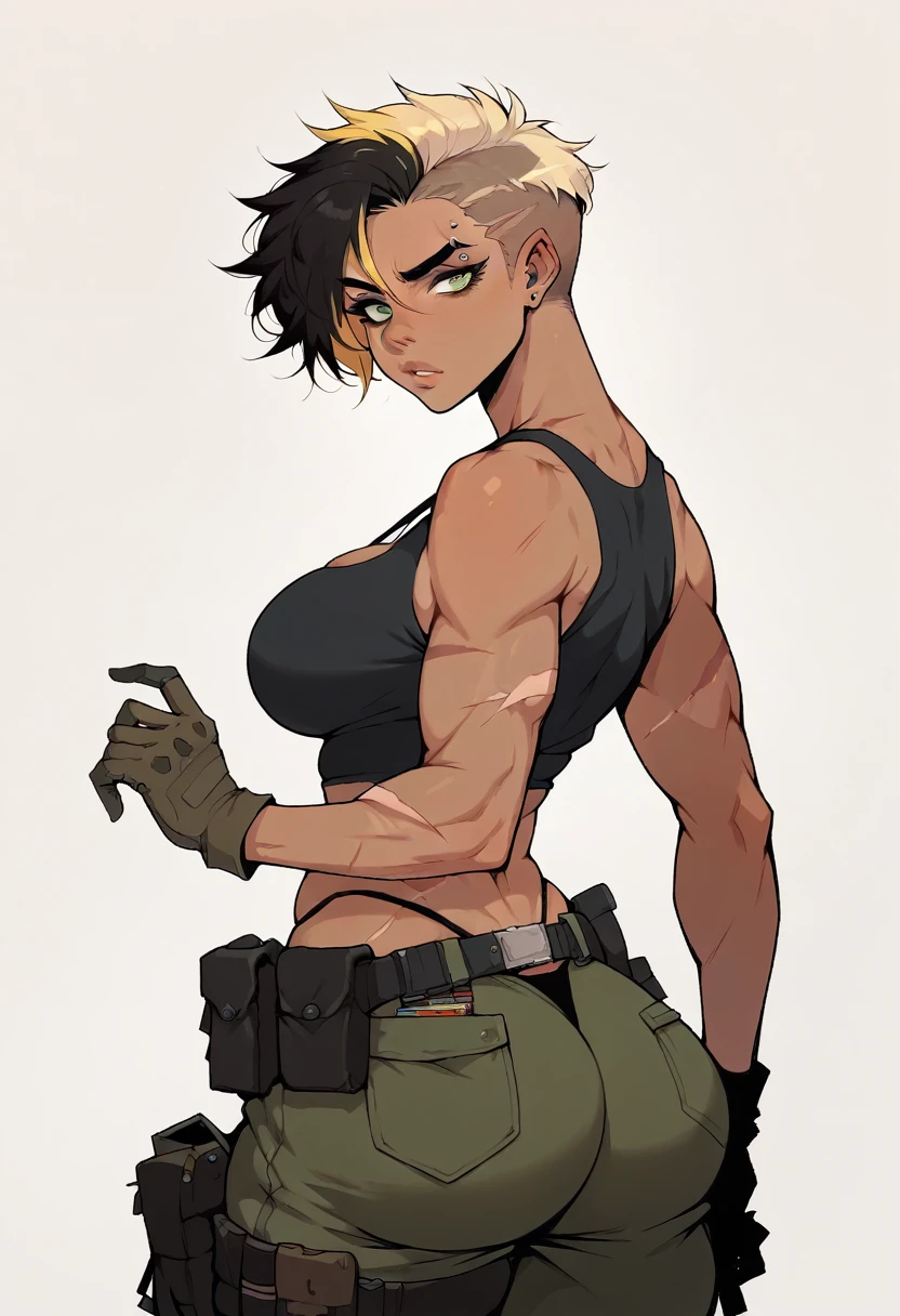 Score_9, score_8, score_7_up, close up, twisted torso, big ass, dark skin, spiky pixie cut, black hair, blonde highlights, pierced eyebrow, toned, cargo pants, tight tank top, big breasts, hip holster, thong straps, ass crack, green eyes, body scars, tactical gloves, dogtags