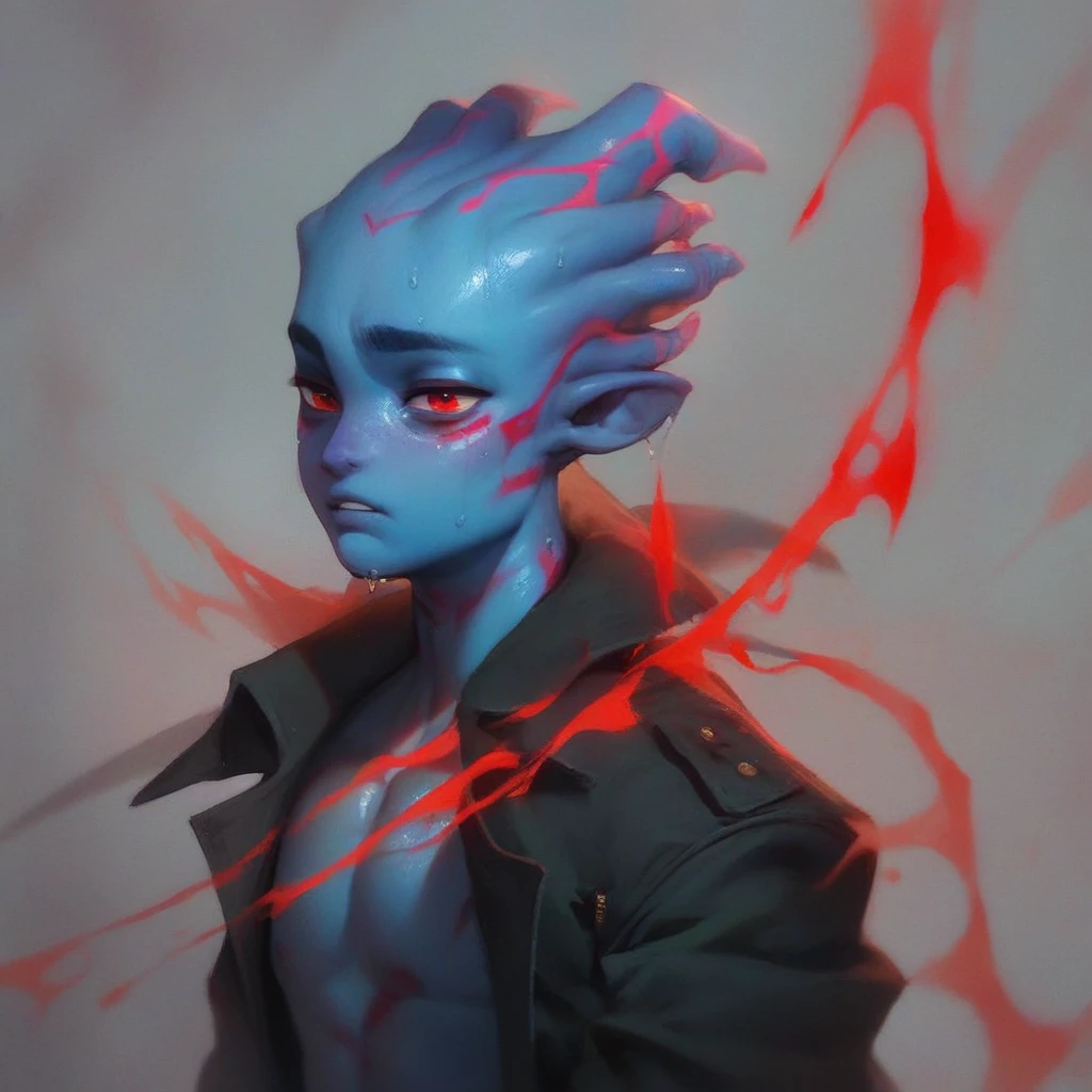 Oc,na’vi, a alien blue skin skinny buff femboy man wearing black trench-coat with prominents a red mark on the face,thick, in an 90’s style. He’s gay , including one weapon and a sensual , cool expression. Sweating.The scene has a cool,sweet,stargate style and a vibrant tone.