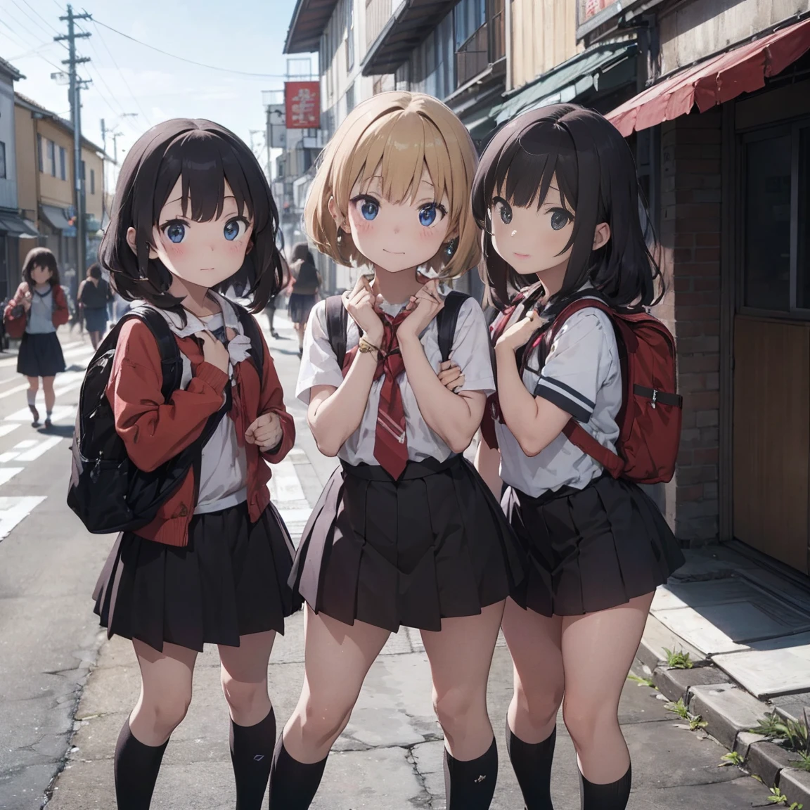 Three very young girls, about eight years old, on a street in Japan, one of the old streets, behind them is a school. They are wearing Japanese school uniforms. Their thighs are all visible, and their socks reach below the knee. Their uniforms are wearing backpacks.. The first girl is excited. Her hair is fluffy pink and reaches below the neck. She is excited and cheerful while she is standing and her eyes are black.. The second girl has blond hair that reaches below the neck and her eyes are blue. She is very beautiful and very, very innocent and a little afraid. She looks anxiously and pretends to be a normal person. She is shy and looks shy. She puts her hands on her thigh and is shy and in the middle.. The third girl, her hair white, reaches below her neck, she wears red jewelry on it, her eyes are blue, she stands next to them, looking with a mixture of shyness and courage, she is half shy and half happy, she stands looking with amazement, shyness and courage. They all look in amazement at the three girls. Side view. One of them seems to be stumbling. They are three little girls. They are all the same height. They are very, very, very, very short. They are young and innocent children. They are eight years old. Very, very, very short children. Children. Three girls. 