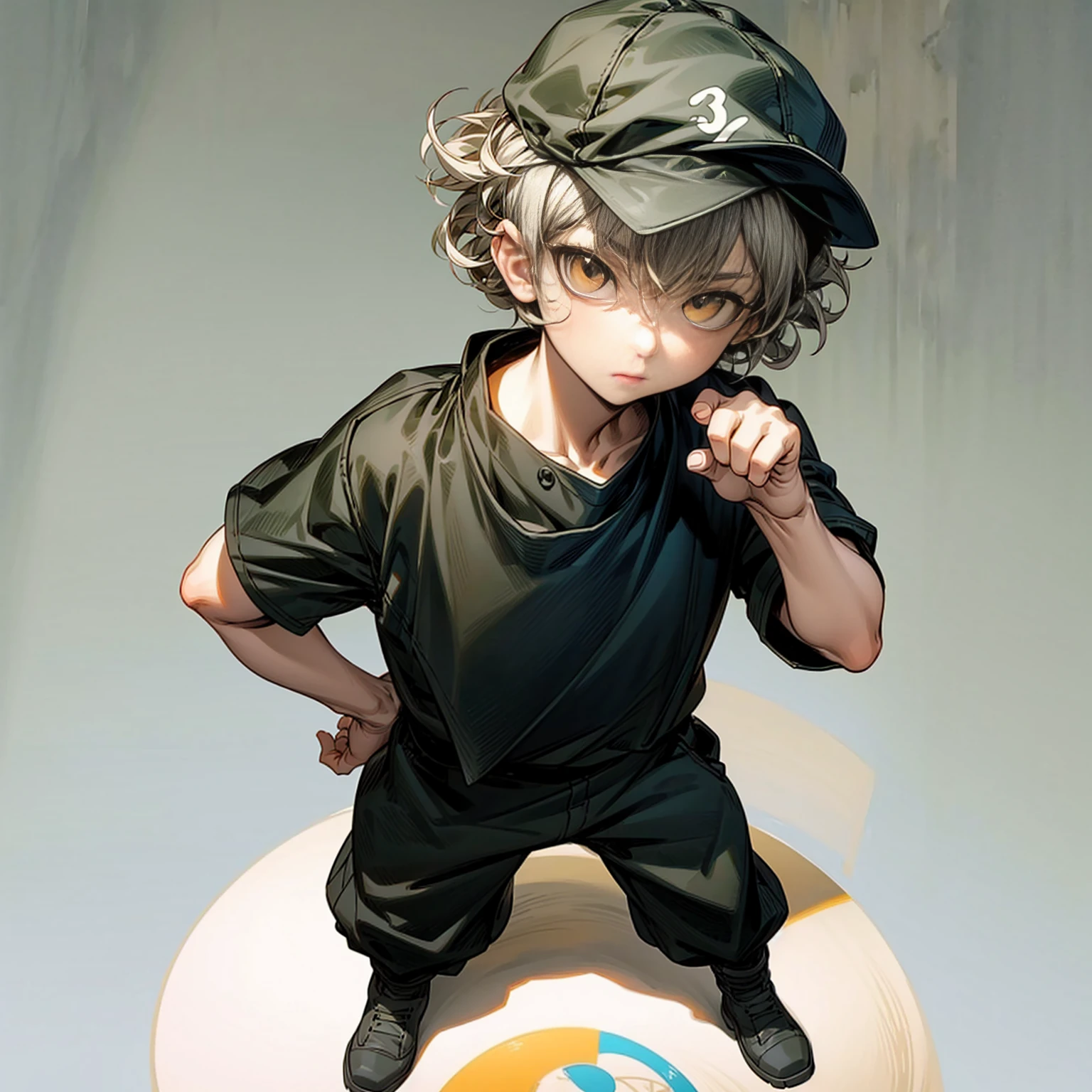 Solo character, full body version, kid boy, yellow eyes, gray color hair, short Curly haircut, round eyes, Baseball cap, black bandana, green top shirt, black cargo pants, white boots, white background, standing gesture, detailed face, detailed background, detailed clothing, detailed hair 