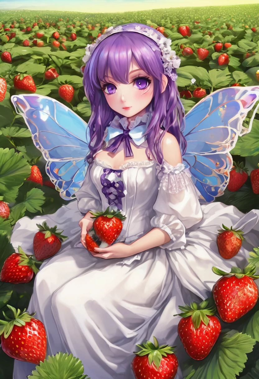 a portrait of a female fairy resting in a (field of strawberries: 1.3) extremely beautiful fairy, ((full body: 1.5)), ((anatomically correct: 1.5)), (ultra detailed face: 1.2),ultra feminine, busty, best detailed face, dynamic hair color, dynamic hair style dynamic skin complexion, shy smile, innocent smile, blue eyes, dark red lips, wearing ((white: 1.5)) lace dress, elegant dress, fairy dress, corset, dynamic elegant shirt, chocker, wearing high heels, spread large butterfly wings, (white and purple eyes: 1.3)in a (field of strawberries : 1.3), field of strawberries background, vibrant, Ultra-high resolution, High Contrast, (masterpiece:1.5), highest quality, Best aesthetics), best details, best quality, highres, 16k, (ultra detailed: 1.5), masterpiece, best quality, (extremely detailed) RAW, (ultra details, Masterpiece, best quality), Hyperrealism style,DonMF41ryW1ng5XL