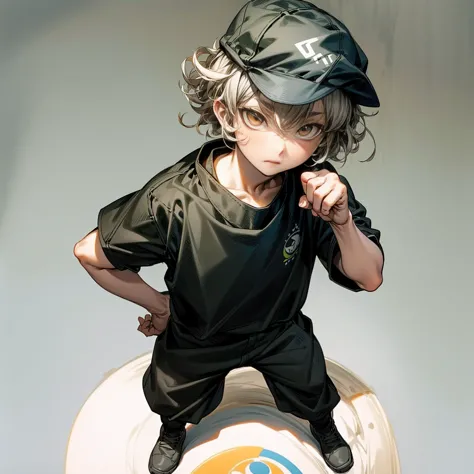 solo character, full body version, kid boy, yellow eyes, gray color hair, short curly haircut, round eyes, baseball cap, black b...