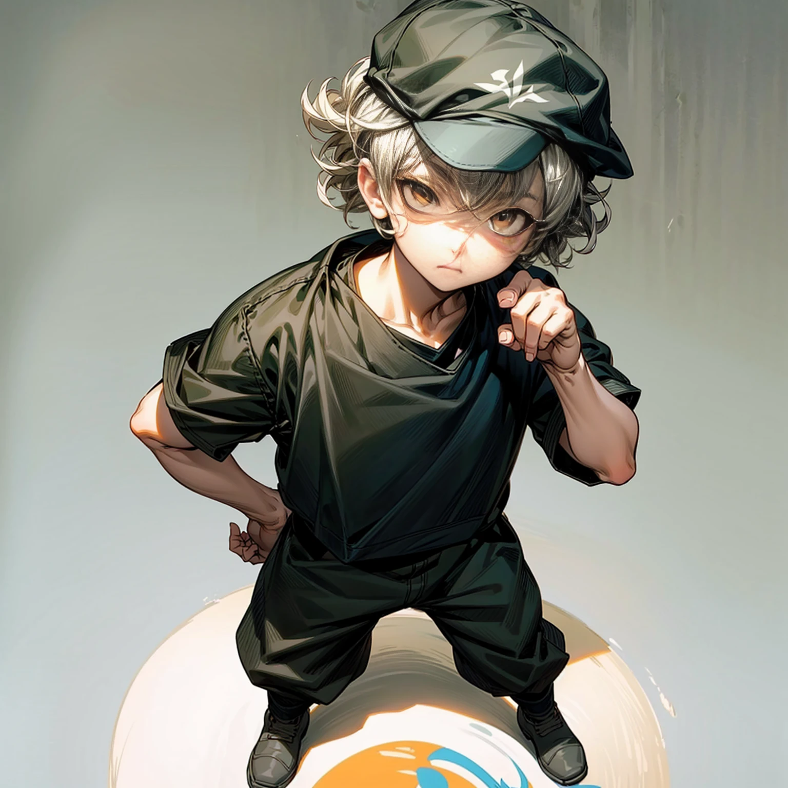 Solo character, full body version, kid boy, yellow eyes, gray color hair, short Curly haircut, round eyes, Baseball cap, black bandana, green top shirt, black cargo pants, white boots, white background, standing gesture, detailed face, detailed background, detailed clothing, detailed hair 