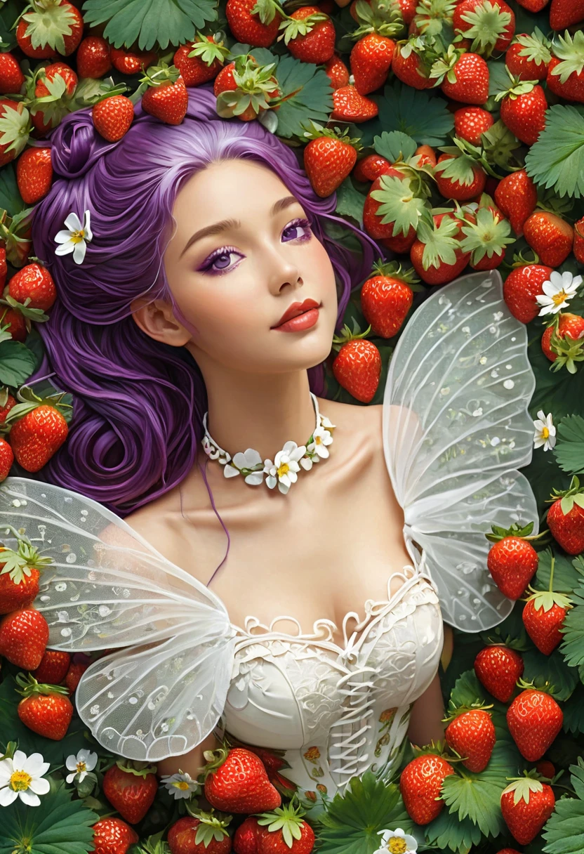 a portrait of a female fairy resting dans un (champ de fraises: 1.3) fée extrêmement belle, ((tout le corps: 1.5)), ((Anatomiquement correct: 1.5)), (ultra détaillé face: 1.2),ultra féminin, gros seins, meilleur visage détaillé, couleur de cheveux dynamique, coiffure dynamique teint de peau dynamique, sourire timide, sourire innocent, yeux bleus, lèvres rouge foncé, Résistant ((blanc: 1.5)) Robe en dentelle, robe élégante, robe de fée, corset, chemise élégante et dynamique, chocs, Résistant high heels, ailes de papillon déployées, (blanc and purple eyes: 1.3)dans un (champ de fraises : 1.3), champ de fraises background, vibrant, Ultra haute résolution, Contraste élevé, (chef-d&#39;œuvre:1.5), la plus haute qualité, Meilleure esthétique), meilleurs détails, Meilleure qualité, haute résolution, 16k, (ultra détaillé: 1.5), chef-d&#39;œuvre, Meilleure qualité, (extrêmement détaillé) BRUT, (ultra détails, chef-d&#39;œuvre, Meilleure qualité), Style hyperréaliste,DonMF41ryW1ng5XL, Style Comi du fichier Zip