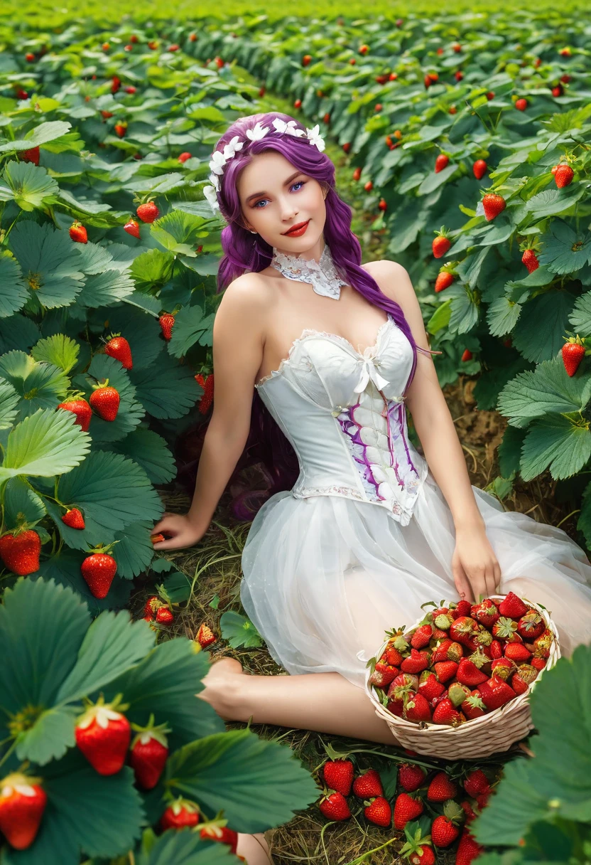 a portrait of a female fairy resting in a (field of strawberries: 1.3) extremely beautiful fairy, ((full body: 1.5)), ((anatomically correct: 1.5)), (ultra detailed face: 1.2),ultra feminine, busty, best detailed face, dynamic hair color, dynamic hair style dynamic skin complexion, shy smile, innocent smile, blue eyes, dark red lips, wearing ((white: 1.5)) lace dress, elegant dress, fairy dress, corset, dynamic elegant shirt, chocker, wearing high heels, spread large butterfly wings, (white and purple eyes: 1.3)in a (field of strawberries : 1.3), field of strawberries background, vibrant, Ultra-high resolution, High Contrast, (masterpiece:1.5), highest quality, Best aesthetics), best details, best quality, highres, 16k, (ultra detailed: 1.5), masterpiece, best quality, (extremely detailed) RAW, (ultra details, Masterpiece, best quality), Hyperrealism style,DonMF41ryW1ng5XL, ZipFile Comi Style