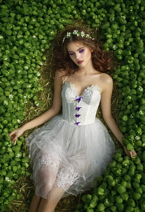 a portrait of a female fairy resting in a (field of strawberries: 1.3) extremely beautiful fairy, ((full body: 1.5)), ((anatomic...