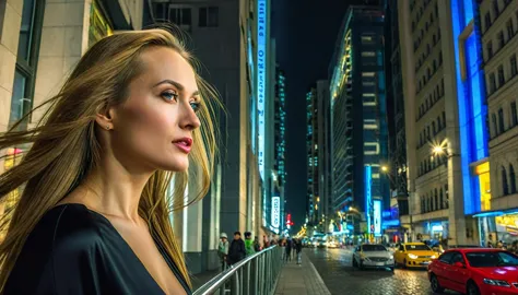 12k hdr of a metropolis with tall buildings, looking sideways, a russian woman of unprecedented beauty, light makeup, stunning w...