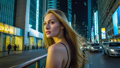 12k hdr of a metropolis with tall buildings, looking sideways, a russian woman of unprecedented beauty, light makeup, stunning w...