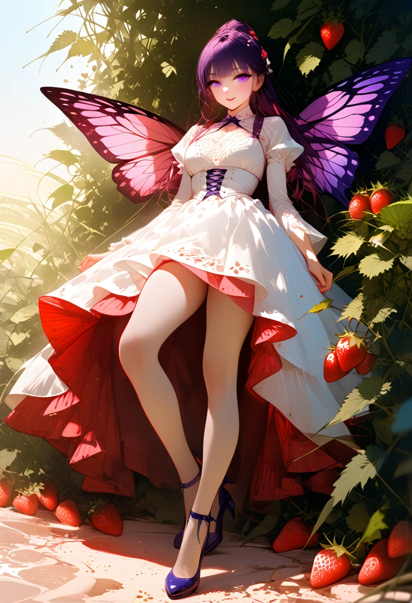 a portrait of a female fairy resting in a (field of strawberries: 1.3) extremely beautiful fairy, ((full body: 1.5)), ((anatomically correct: 1.5)), (ultra detailed face: 1.2),ultra feminine, busty, best detailed face, dynamic hair color, dynamic hair style dynamic skin complexion, shy smile, innocent smile, blue eyes, dark red lips, wearing ((white: 1.5)) lace dress, elegant dress, fairy dress, corset, dynamic elegant shirt, chocker, wearing high heels, spread large butterfly wings, (white and purple eyes: 1.3)in a (field of strawberries : 1.3), field of strawberries background, vibrant, Ultra-high resolution, High Contrast, (masterpiece:1.5), highest quality, Best aesthetics), best details, best quality, highres, 16k, (ultra detailed: 1.5), masterpiece, best quality, (extremely detailed) RAW, (ultra details, Masterpiece, best quality), Hyperrealism style,DonMF41ryW1ng5XL, ZipFile Comi Style,