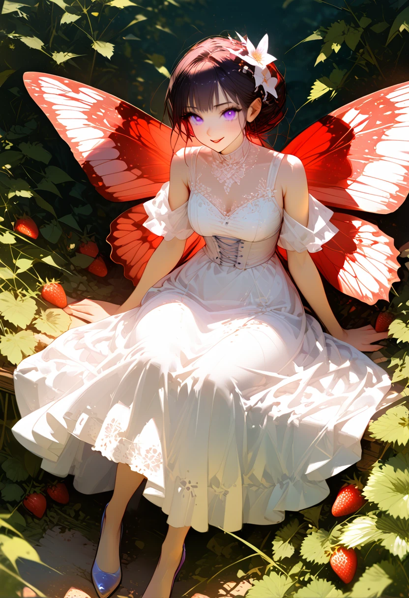 a portrait of a female fairy resting in a (field of strawberries: 1.3) extremely beautiful fairy, ((full body: 1.5)), ((anatomically correct: 1.5)), (ultra detailed face: 1.2),ultra feminine, busty, best detailed face, dynamic hair color, dynamic hair style dynamic skin complexion, shy smile, innocent smile, blue eyes, dark red lips, wearing ((white: 1.5)) lace dress, elegant dress, fairy dress, corset, dynamic elegant shirt, chocker, wearing high heels, spread large butterfly wings, (white and purple eyes: 1.3)in a (field of strawberries : 1.3), field of strawberries background, vibrant, Ultra-high resolution, High Contrast, (masterpiece:1.5), highest quality, Best aesthetics), best details, best quality, highres, 16k, (ultra detailed: 1.5), masterpiece, best quality, (extremely detailed) RAW, (ultra details, Masterpiece, best quality), Hyperrealism style,DonMF41ryW1ng5XL, ZipFile Comi Style,