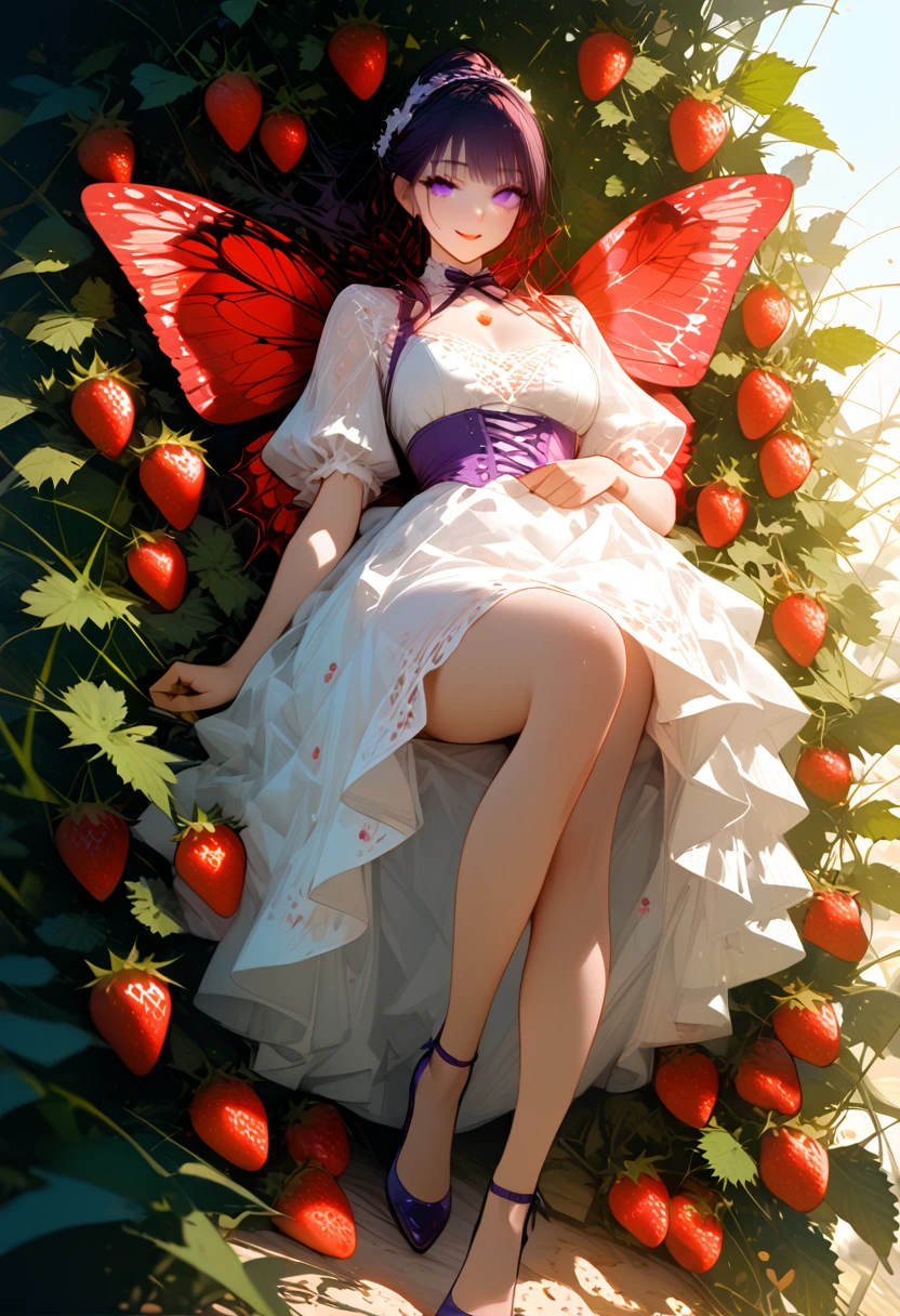 a portrait of a female fairy resting in a (field of strawberries: 1.3) extremely beautiful fairy, ((full body: 1.5)), ((anatomically correct: 1.5)), (ultra detailed face: 1.2),ultra feminine, busty, best detailed face, dynamic hair color, dynamic hair style dynamic skin complexion, shy smile, innocent smile, blue eyes, dark red lips, wearing ((white: 1.5)) lace dress, elegant dress, fairy dress, corset, dynamic elegant shirt, chocker, wearing high heels, spread large butterfly wings, (white and purple eyes: 1.3)in a (field of strawberries : 1.3), field of strawberries background, vibrant, Ultra-high resolution, High Contrast, (masterpiece:1.5), highest quality, Best aesthetics), best details, best quality, highres, 16k, (ultra detailed: 1.5), masterpiece, best quality, (extremely detailed) RAW, (ultra details, Masterpiece, best quality), Hyperrealism style,DonMF41ryW1ng5XL, ZipFile Comi Style,