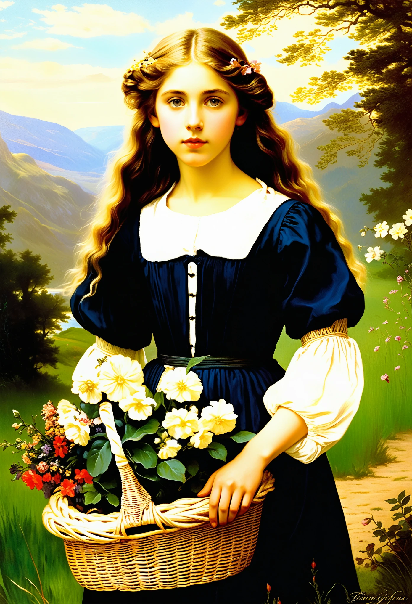  arafed young Hermione Corfield with a basket of flowers in her hand, tuomas korpi bouguereau, william adolphe bouguereau, inspired by William-Adolphe Bouguereau, mucha bouguereau, william bouguereau, adolphe bouguereau, pudica gesture bouguereau style, william adolphe-bouguereau