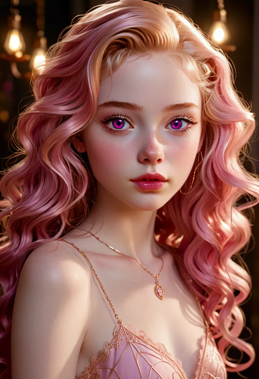 an 18 years old european girl with pale skin and long, wavy rose_gold hair. large and magenta colored eyes, full lips, with an a...