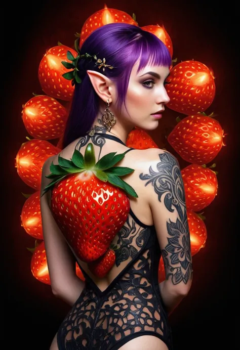 arafed, dark fantasy art, fantasy art, goth art, a picture of a tattoo on the back of a female elf, a glowing tattoo of a ((stra...