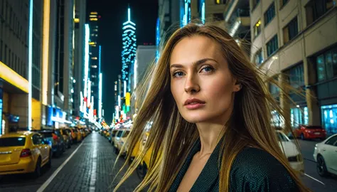 12k hdr of a metropolis with tall buildings, looking sideways, a russian woman of unprecedented beauty, light makeup, stunning w...