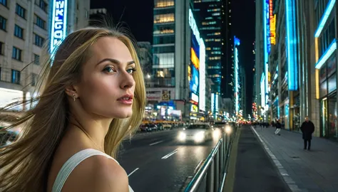 12k hdr of a metropolis with tall buildings, looking sideways, a russian woman of unprecedented beauty, light makeup, stunning w...