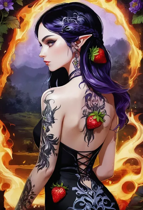 Arafed, Dark fantasy art, fantasy art, goth art, a picture of a tattoo on the back of a female elf, a glowing tattoo of a ((stra...