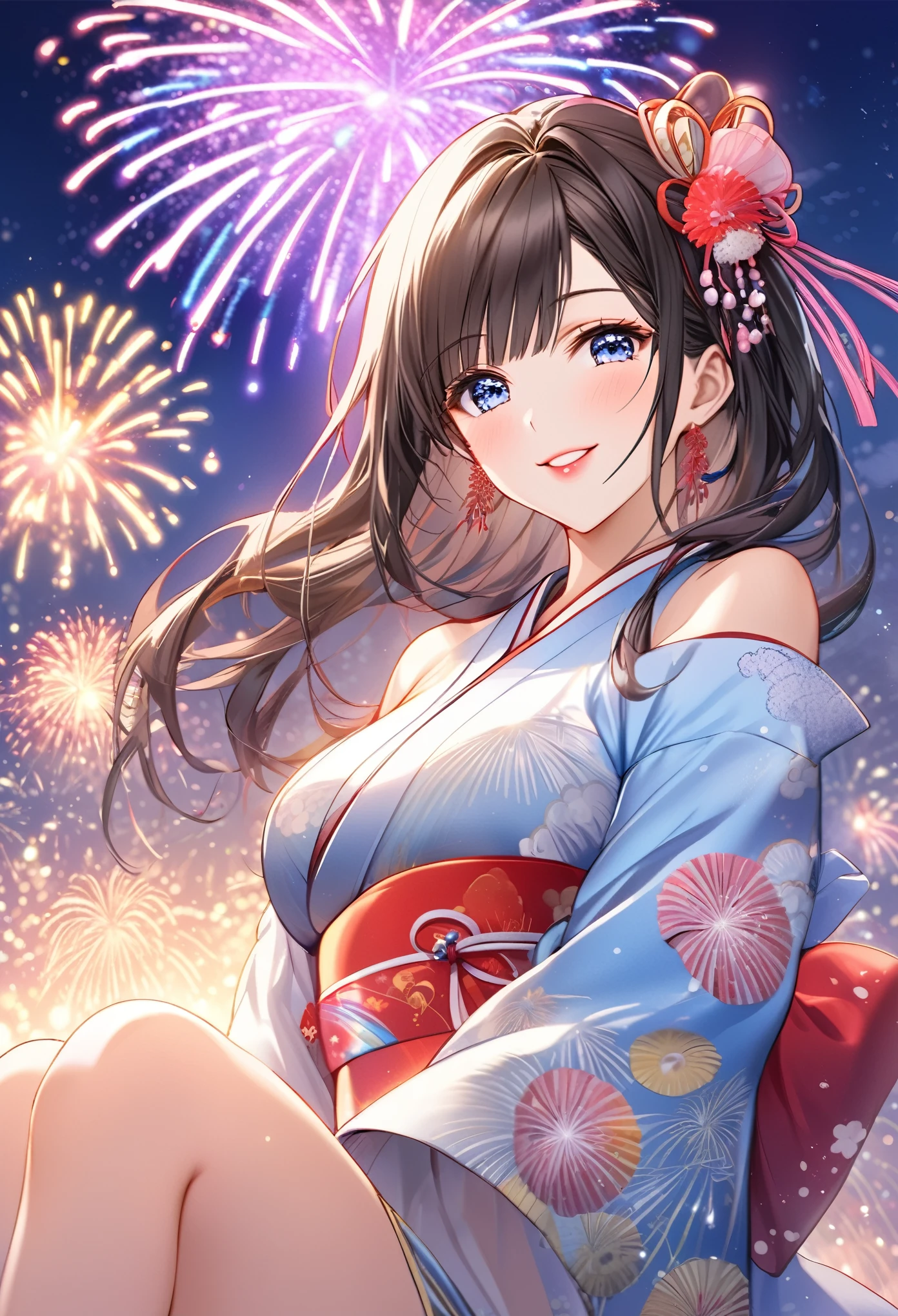 {L{worst quality, low-quality}, ((a closeup)), (girl with:1.2), (Big breasts), (A dark-haired, short-cut:1.3), plump shiny lips, Beautiful clear eyes, (The best smile), Spoken Heart, (perfect hand:1.2), (firework theme:1.4), (Japanese courtesan girl with:1.3), (Comes with maxi length Blue kimono [yellow] Obi:1.4), (Highly detailed and colorful embroidery and fancy firework patterns :1.3), (off shoulders:1.4), (geta:1.2), (Fancy hair ornaments:1.3), ((super huge ribbon:1.2) in front of the waist:1.3), low angle shot, (dazzling fireworks light1.4), (beautiful fireworks background:1.2), masutepiece,Best Quality,ultra-detailliert, ​masterpiece,