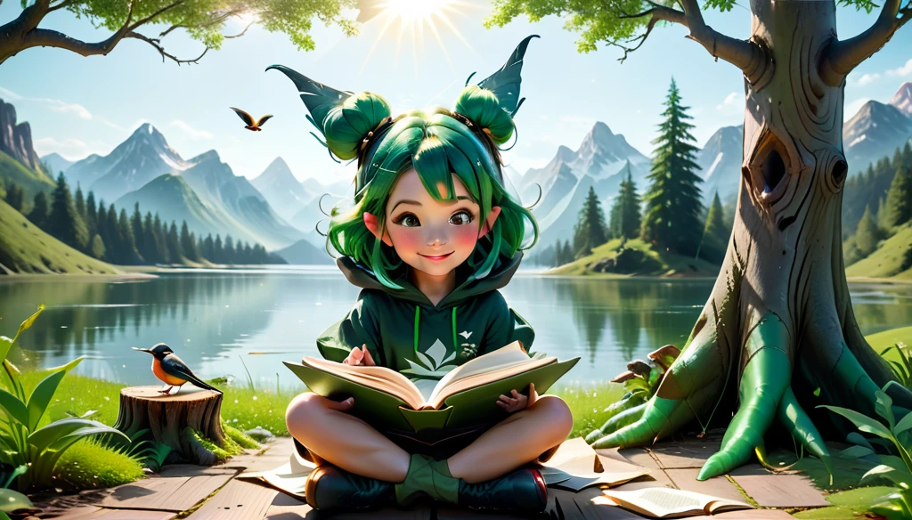 masterpiece, best quality,, 1girl, sitting, animal, animal ears, bird, black_hair, book, bookmark, branch, gloves, grass, green hair, holding, holding book, hood, hood down, leaf, looking at viewer, multicolored hair, open_book, partially fingerless gloves, pen, plant, pouch, quill, reading, sitting, smile, solo, tail, tree, tree stump,, sky, sun, mountain, forest, lake