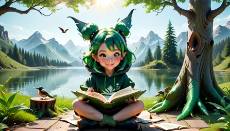 masterpiece, best quality,, 1girl, sitting, animal, animal ears, bird, black_hair, book, bookmark, branch, gloves, grass, green ...