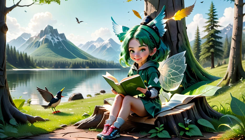 masterpiece, best quality,, 1girl, sitting, animal, animal ears, bird, black_hair, book, bookmark, branch, gloves, grass, green hair, holding, holding book, hood, hood down, leaf, looking at viewer, multicolored hair, open_book, partially fingerless gloves, pen, plant, pouch, quill, reading, sitting, smile, solo, tail, tree, tree stump,, sky, sun, mountain, forest, lake