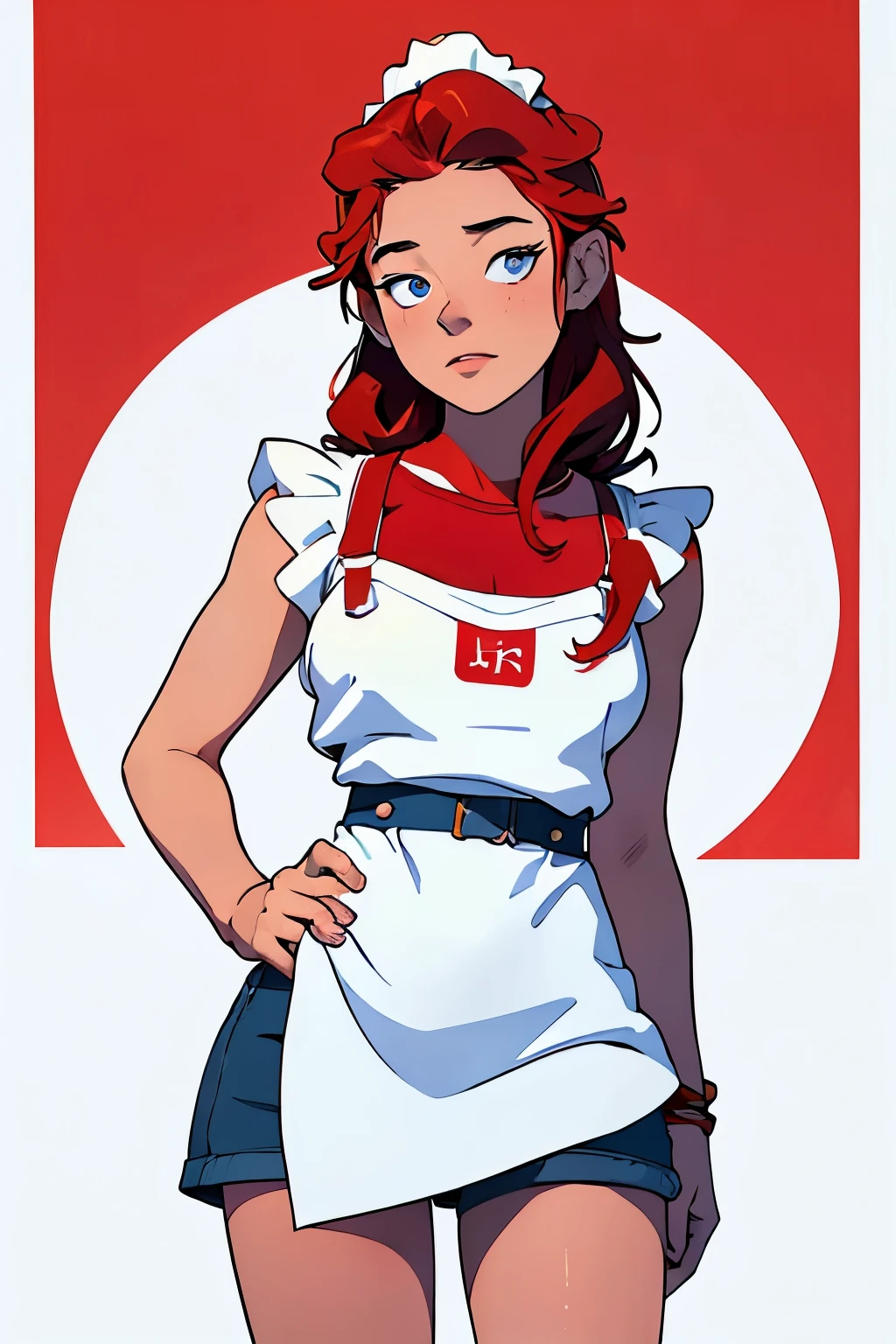 masterpiece, best quality, half body, 1girl, highest image quality, 21-year-old woman waitress, looks like Olivia Dunne, bright red hair, blue eyes, wearing a white t-shirt, denim shorts and ((a red apron)), worried, large breasts, White background, empty background