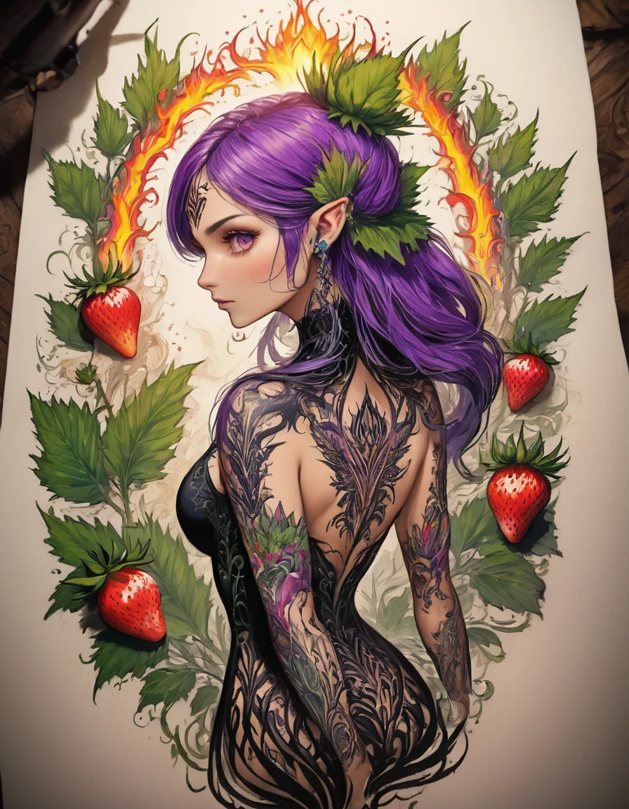 Arafed, Dark fantasy art, fantasy art, goth art, a picture of a tattoo on the back of a female elf, a glowing tattoo of a ((strawberry: 1.3)) on the elf's back, the ((strawberry tattoo)) is vivid, intricate detailed coming to life from the ink to real life, GlowingRunesAI_purple, ((fire surrounds the strawberry: 1.5)), shoot taken from the back, ((the back is visible: 1.3), she wears a transparent black dress, the dress is elegant, flowing, elven style, that the tattoos glow, dynamic hair color, dynamic hair style,  vibrant, Ultra-high resolution, High Contrast, (masterpiece:1.5), highest quality, Best aesthetics), best details, best quality, highres, 16k, (ultra detailed: 1.5), masterpiece, best quality, (extremely detailed) RAW, (ultra details, Masterpiece, best quality) faize, *channel_42*