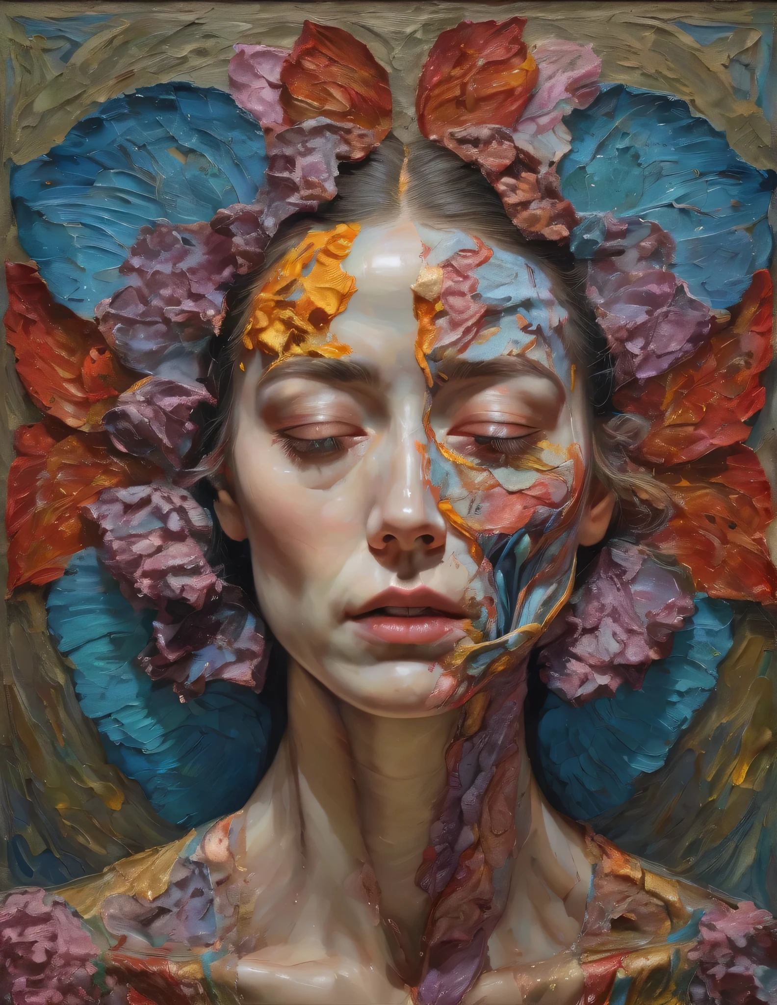 fr3u highly detailed and textured colourful impasto oil painting of a deformed anatomical portrait, emotionally expressive, psychedelic colour palette, soft lighting, cinematic composition, cinematic lighting, sharp focus, masterpiece by chie yoshii, john william godward