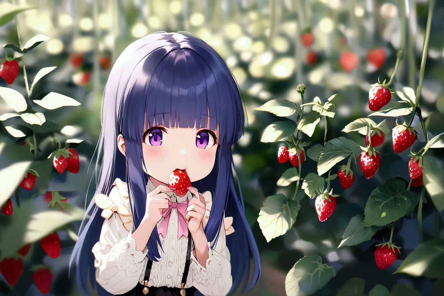 eating strawberries, girl, alone, (outrageously rich), blue hair, purple eyes, long hair, blunt bangs, bangs, i&#39;i&#39;m 11 y...