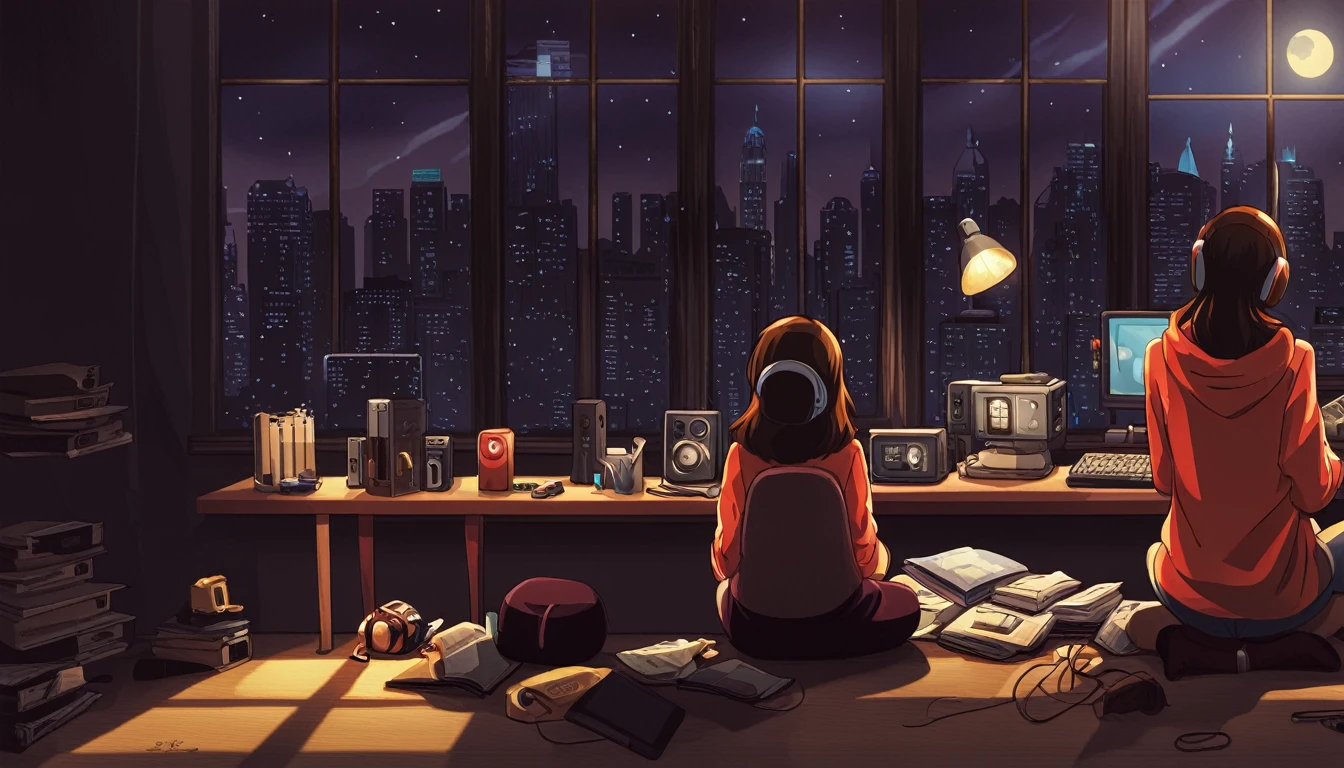 "Anime girl sitting in front of computer in cozy bedroom (side view), Girl listening to music with headphones in cozy room at night, Girl enjoying beautiful night view from window on rooftop, surrounded by lots of things, 2D anime style, 90s anime aesthetic, lo-fi, highly detailed, with hard disk, mix of anime style and Fujifilm, hyperrealism, 8K, masterpiece."