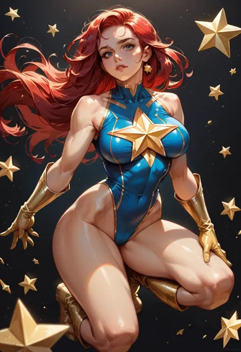 masterpiece, sexy, superheroine, red hair, long hair, busty, ((blue highleg leotard with a t-back thong and a gold star insignia...