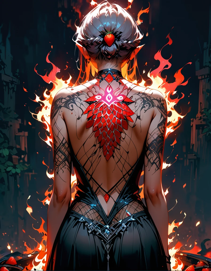 Arafed, Dark fantasy art, fantasy art, goth art, a picture of a tattoo on the back of a female elf, a glowing tattoo of a ((strawberry: 1.3)) on the elf's back, the ((strawberry tattoo)) is vivid, intricate detailed, GlowingRunesAI_red, ((fire surrounds the strawberry: 1.5)), shoot taken from the back, ((the back is visible: 1.3), she wears a transparent black dress, the dress is elegant, flowing, elven style, that the tattoos glow, dynamic hair color, dynamic hair style,  vibrant, Ultra-high resolution, High Contrast, (masterpiece:1.5), highest quality, Best aesthetics), best details, best quality, highres, 16k, (ultra detailed: 1.5), masterpiece, best quality, (extremely detailed) RAW, (ultra details, Masterpiece, best quality) faize, Digital Painting, 