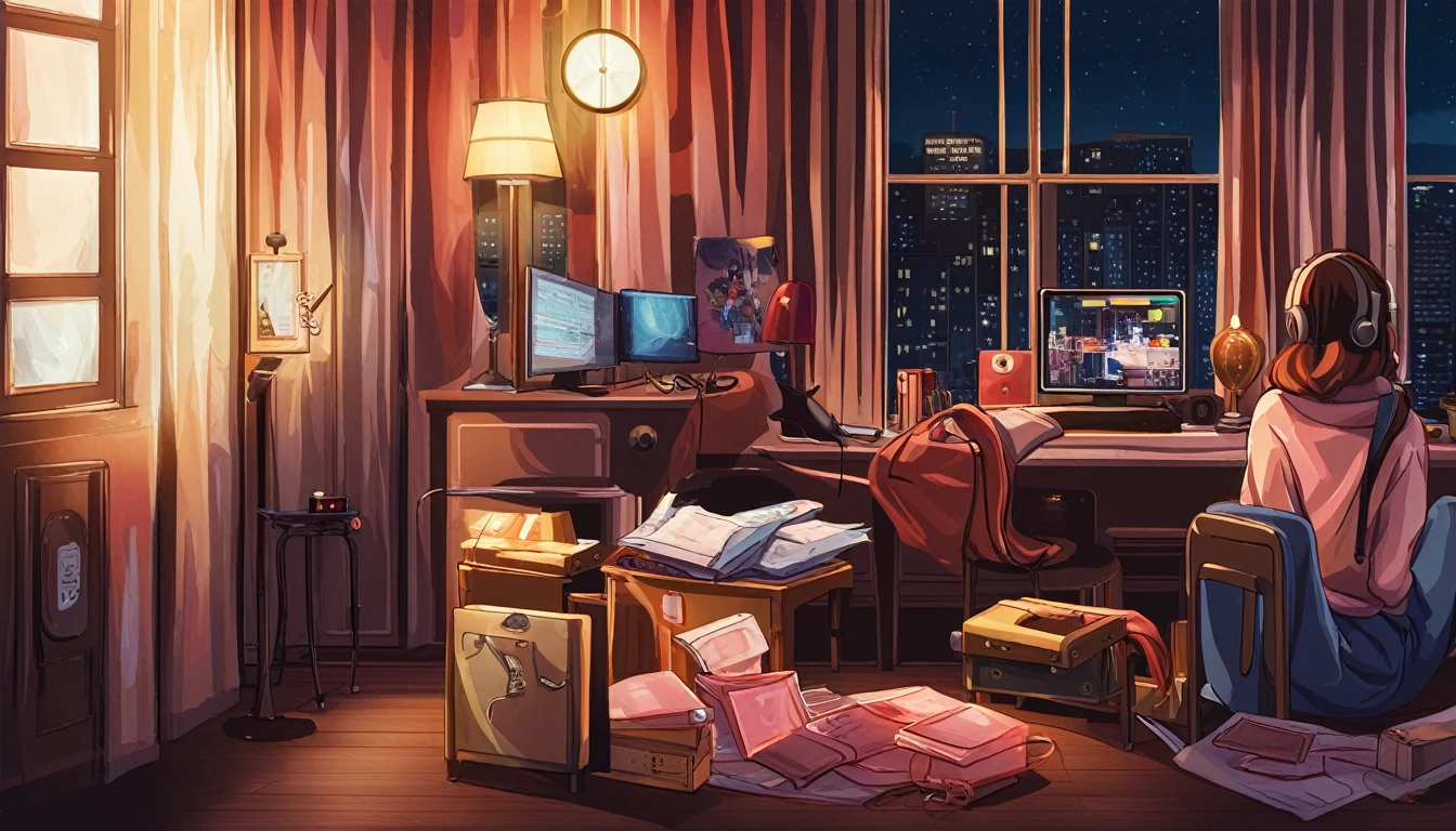 "Anime girl sitting in front of computer in cozy bedroom (side view), Girl listening to music with headphones in cozy room at night, Girl enjoying beautiful night view from window on rooftop, surrounded by lots of things, 2D anime style, 90s anime aesthetic, lo-fi, highly detailed, with hard disk, mix of anime style and Fujifilm, hyperrealism, 8K, masterpiece."