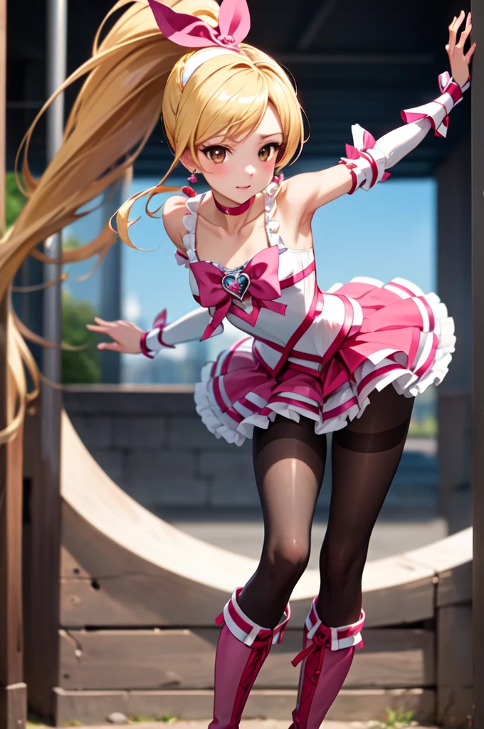 masterpiece, Highest quality, High resolution, One Girl, alone,ponytail, Long Hair、blonde, Brown eyes,prison、((Cure the rhythm))、(Thigh-high boots)、pantyhose